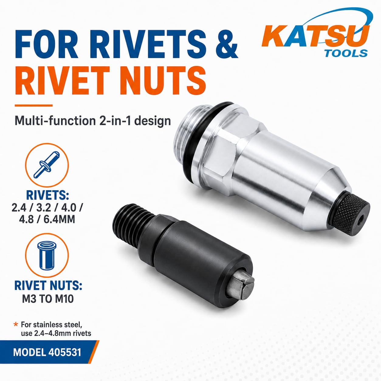 KATSU Tools Accesorio de tuerca remachadora, kit adaptador de pistola de remache multifunción 2 en 1, herramienta de remachado para taladros eléctricos inalámbricos, modelo 405531