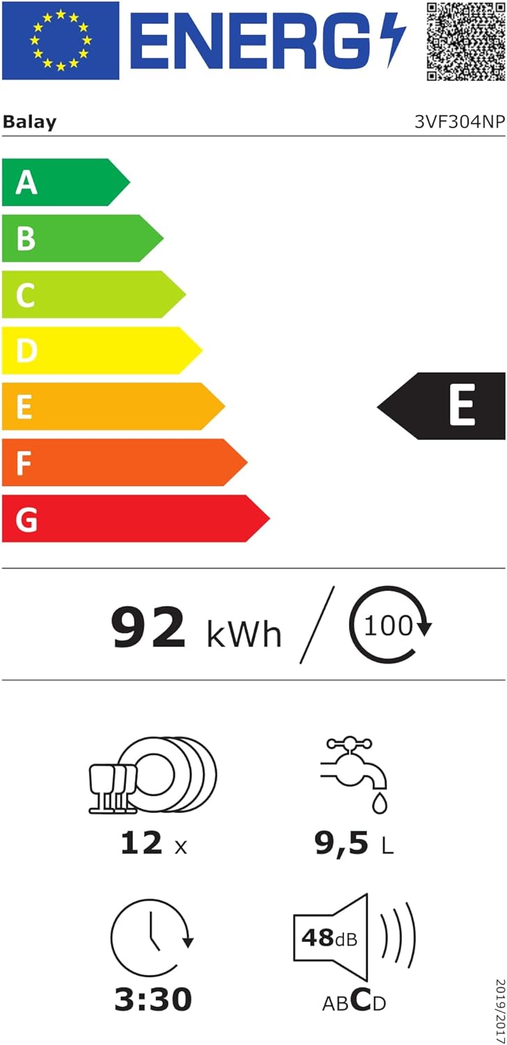 Energy label for Balay 3VF304NP dishwasher, showing energy efficiency class E, 92 kWh/100 cycles, 12 place settings, 9.5L water, and 48 dB noise level.