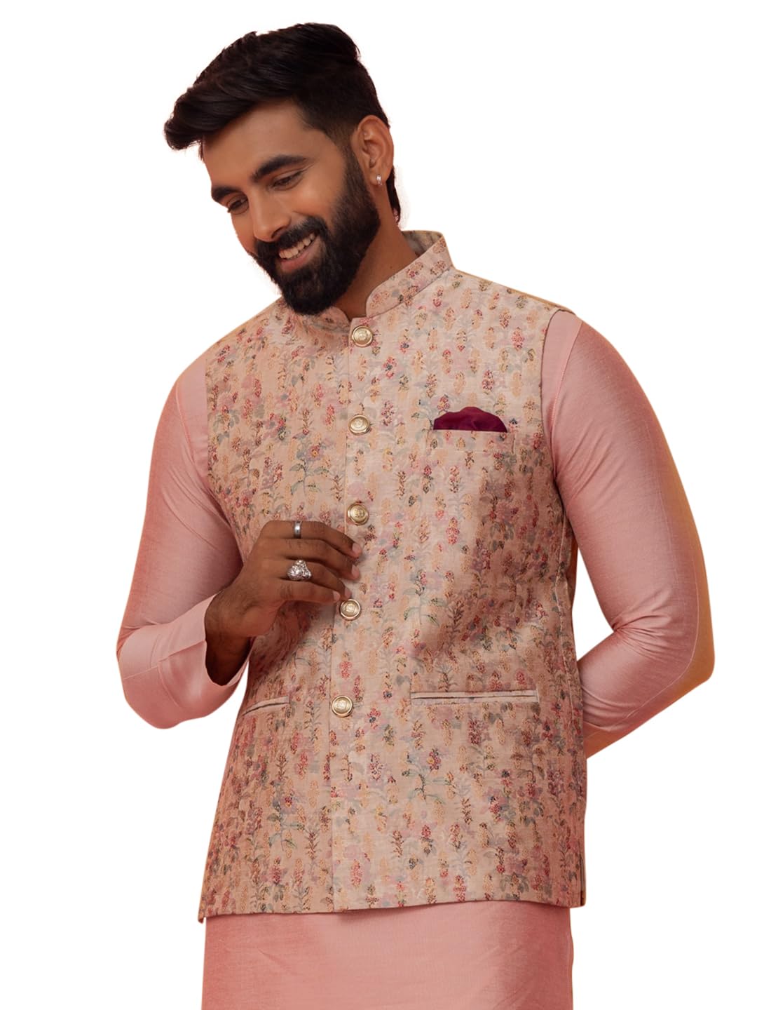 kisah Men's Nehru Jacket, Grey Cotton Blend, Foil Print Regular Fit Mandarin Collar Long Sleeves-picture-33