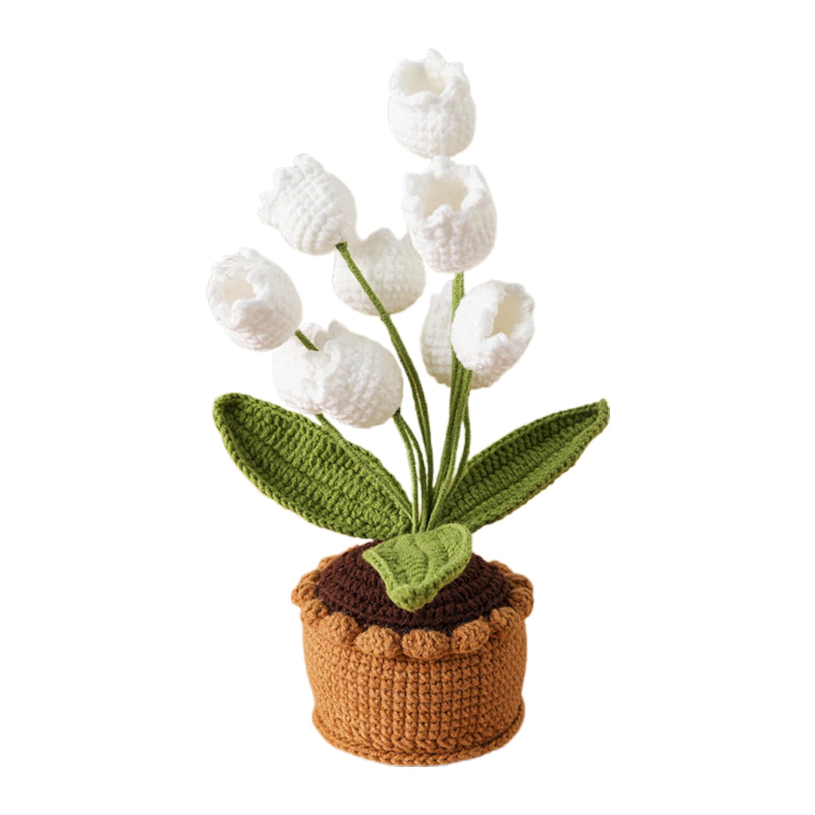 Pcscevcr Crochet Lilies of The Valley Potted, 20 cm Knitted Artificial Flowers Small Bonsai Plants, Gifts to Mother Kids, for Home Office Table Decor (White)
