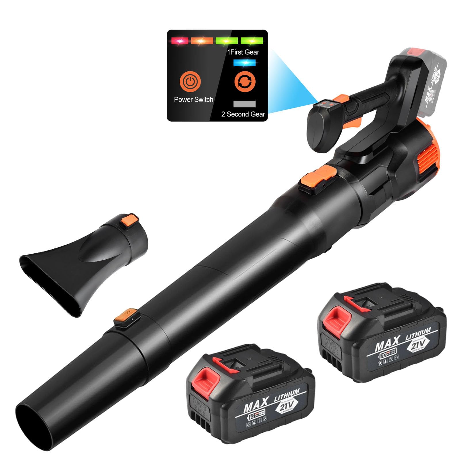 Soplador de hojas con batería con 2 baterías de 3,0 Ah y cargador, soplador de batería, soplador de hojas eléctrico de 3 velocidades, máx. 42 m/s de velocidad de flujo de aire, para jardín, patio