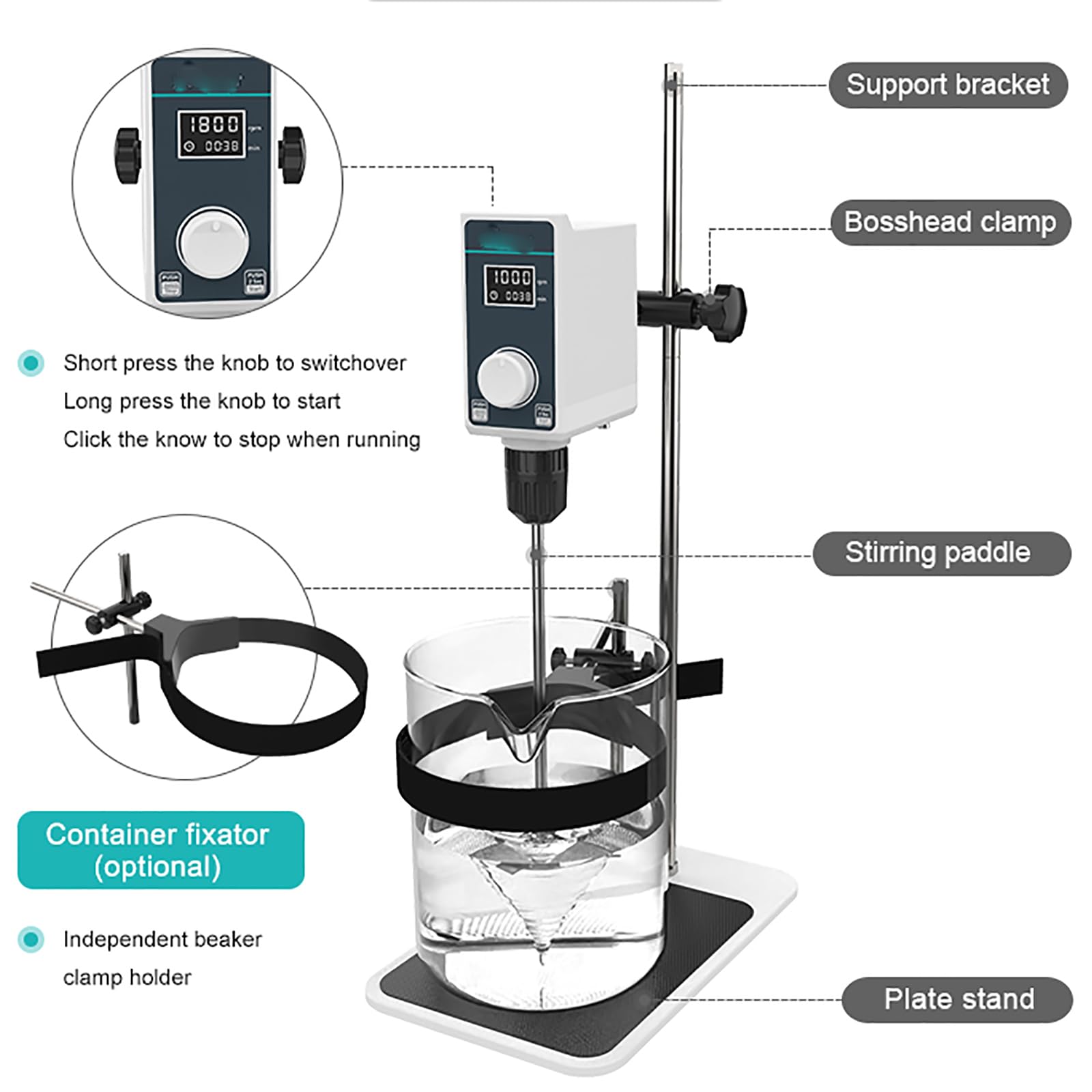 Agitador eléctrico, agitador superior de 10 litros con pantalla LED, alto par, regulación de velocidad de 100-2000 RPM para aplicaciones químicas, médicas y ambientales
