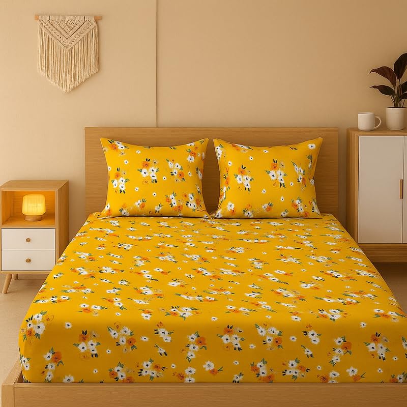 Image of NEW LEAF 320 TC Cotton All Around Elastic Fitted Printed Bedsheets King Size, Premium Fitted Bedsheets King Size for Double Bed with 2 Pillow Covers, Size- 78 inch x 72 inch Yellow