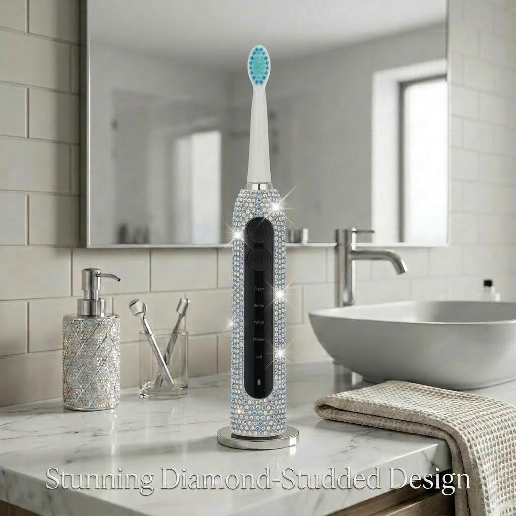 Diamond Sonic - Cepillo de dientes eléctrico brillante recargable para adultos con 6 cabezales de cepillo, cepillo de dientes vibratorio, 5 modos, carga rápida USB-C, temporizador inteligente