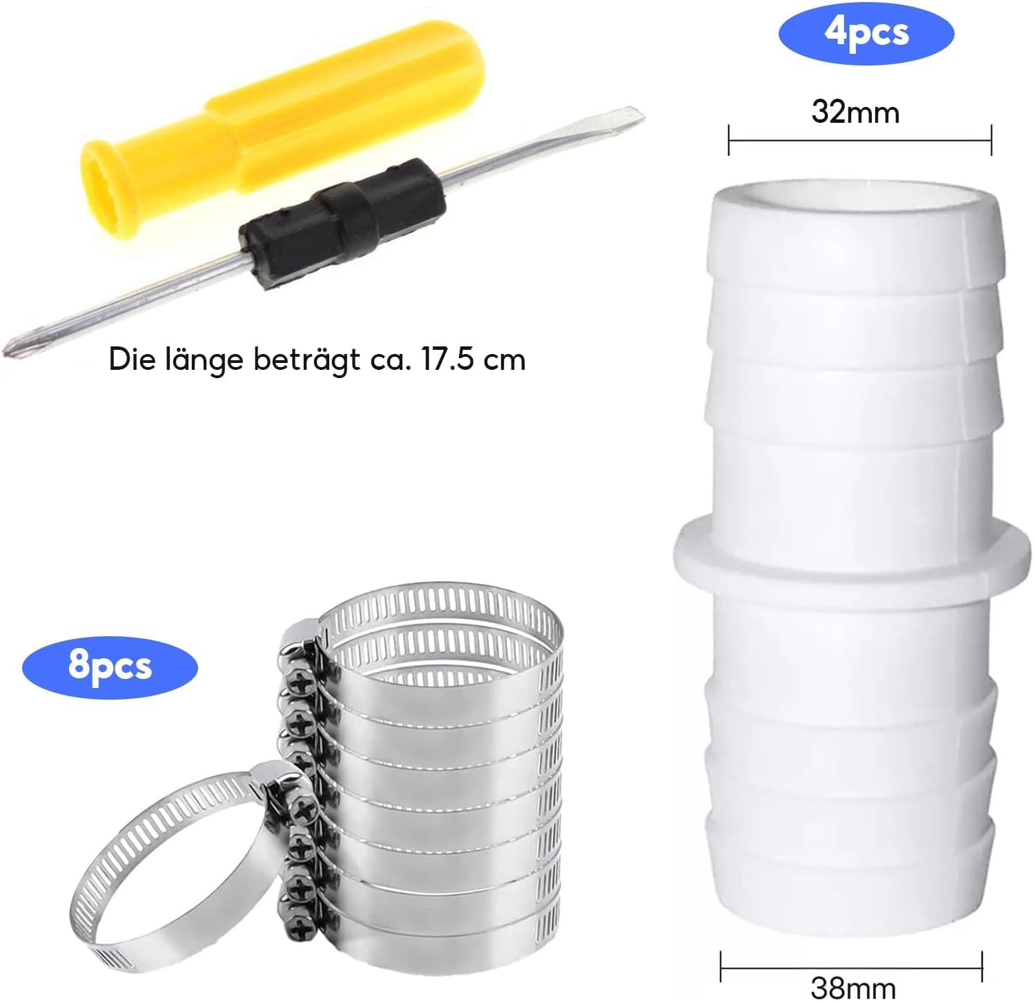 Łącznik węża 32 mm, 4 sztuki łączników do węża basenowego 32 mm na 38 mm ø z 8 obejmami do węża basenowego 32 mm, łączniki do basenu i ogrodu