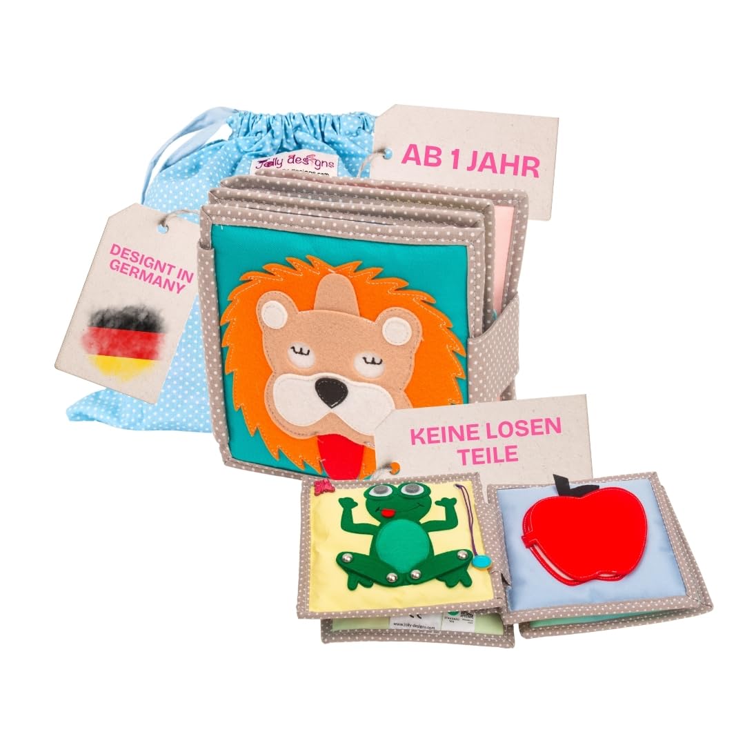 Jolly Designs Mini Quiet Book Dösender Löwe – Montessori Spielzeug ab 1 Jahr – Stoffbuch & Busy Book ohne lose Teile – Lernspielzeug aus Filz – Motorikbuch für Babys & Kleinkinder