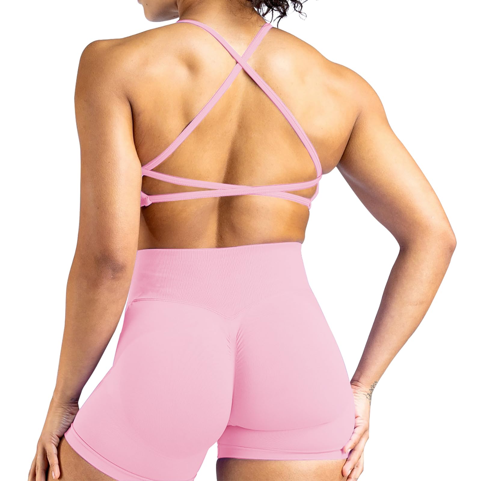 Conjunto de entrenamiento de gimnasio para mujer, 2 piezas, sin costuras, tirantes cruzados, brasier deportivo oculto, pantalones cortos fruncidos, trajes de yoga, ropa deportiva