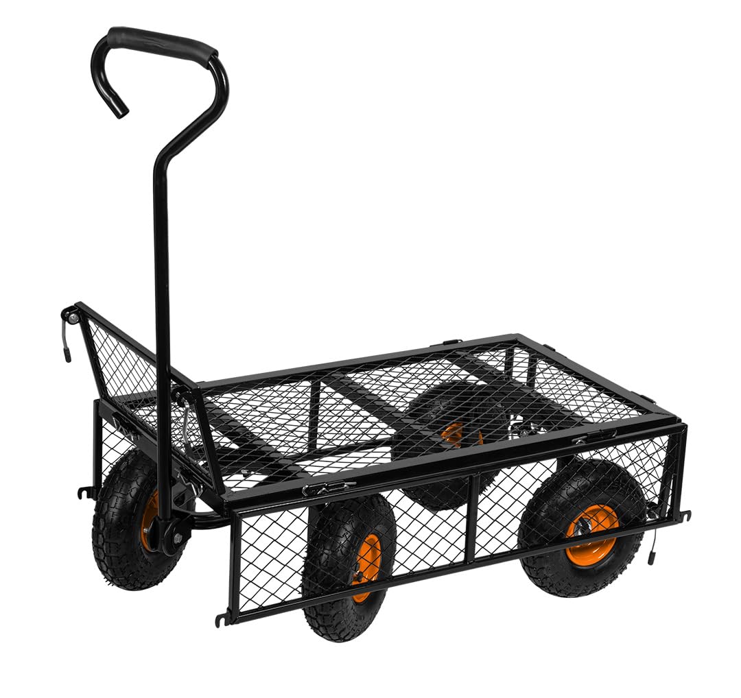 NEO TOOLS Bollerwagen 300 kg mit Metallgittern, Transportwagen | Mit Klappbaren Seiten, Stahlrahmen, Schwenkbare Vorderräder, Aufblasbare 10-Zoll-Räder, Handwagen, Gartenwagen, Gerätewagen