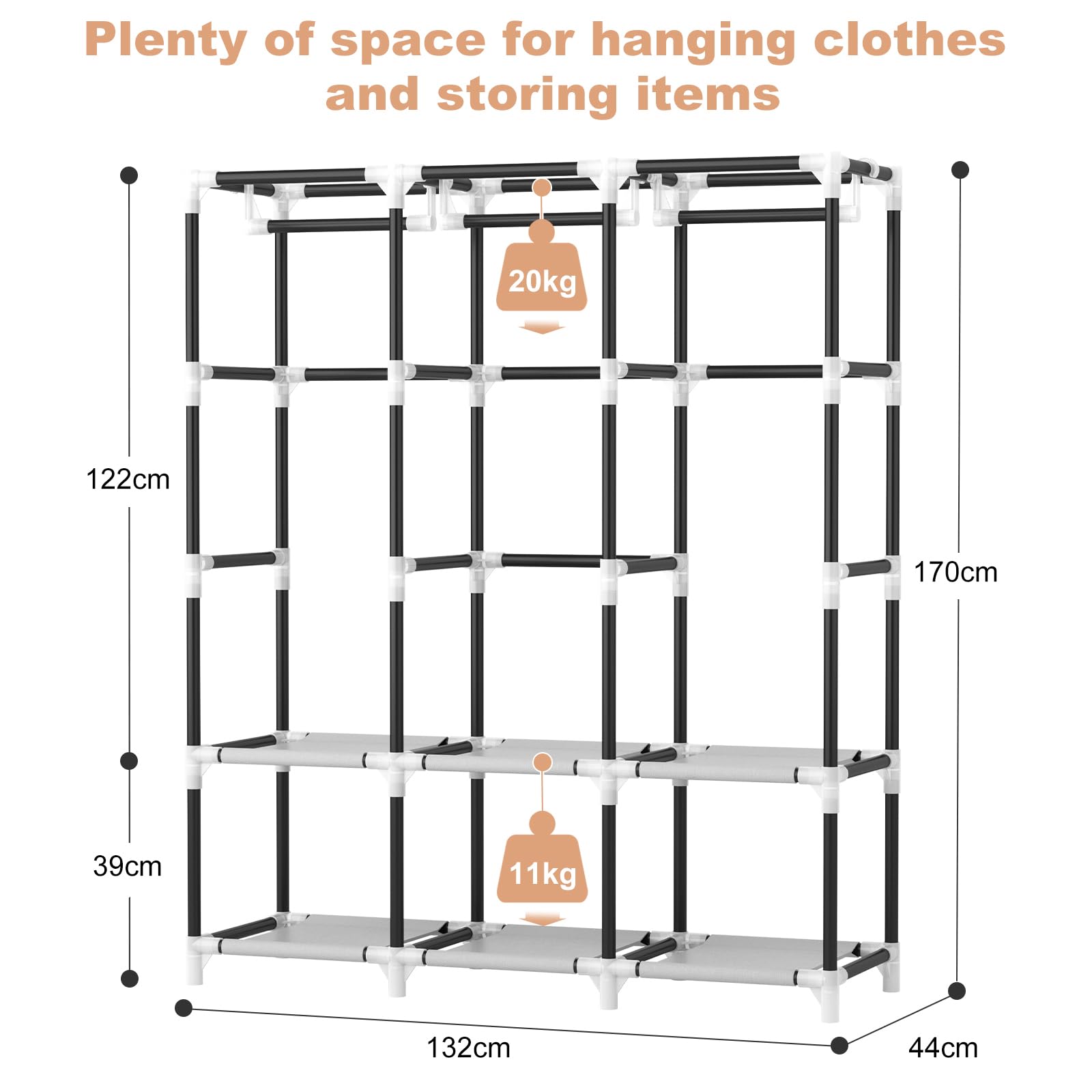 Vicye Armoire en Tissu, Wardrobe Armoire Chambre avec 3 tiges de Suspension, 6 étagères de Rangement et Poches latérales, Tube métal de 19 mm, Dressing Garde Robe Adulte pour Chambre à Coucher Gris