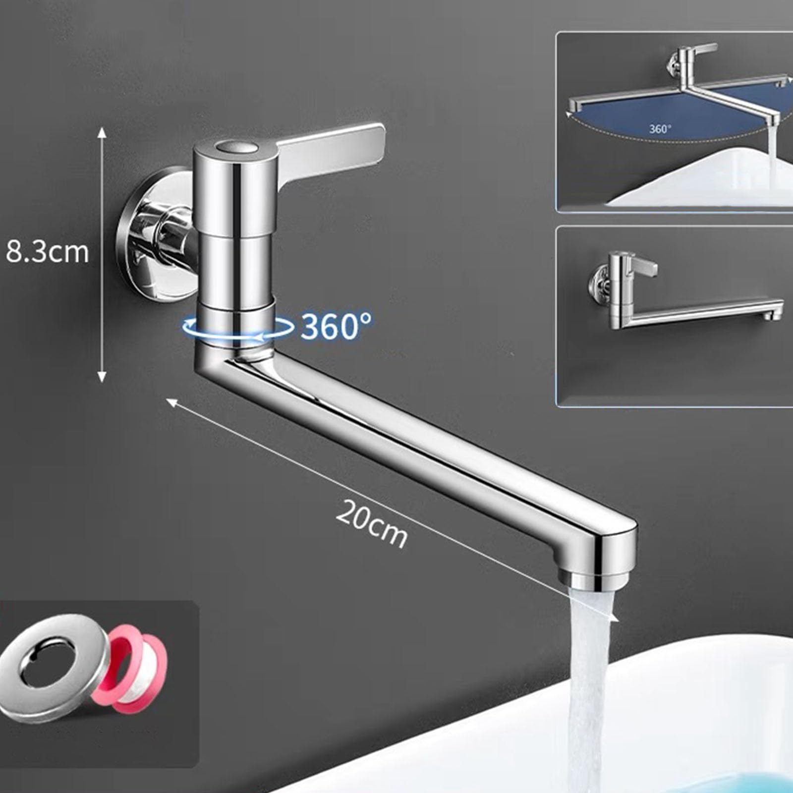 Grifo para fregadero de cocina de agua fría montado en la pared, grifo de latón de una sola palanca, diseño giratorio Ch h 20 cm, ideal para uso en baño y cocina
