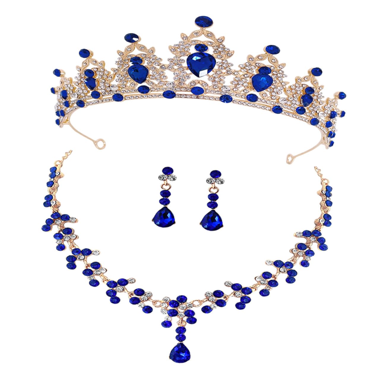 Tiara de novia dorada con pedrería azul y conjunto de collar elegante POPETPOP 8