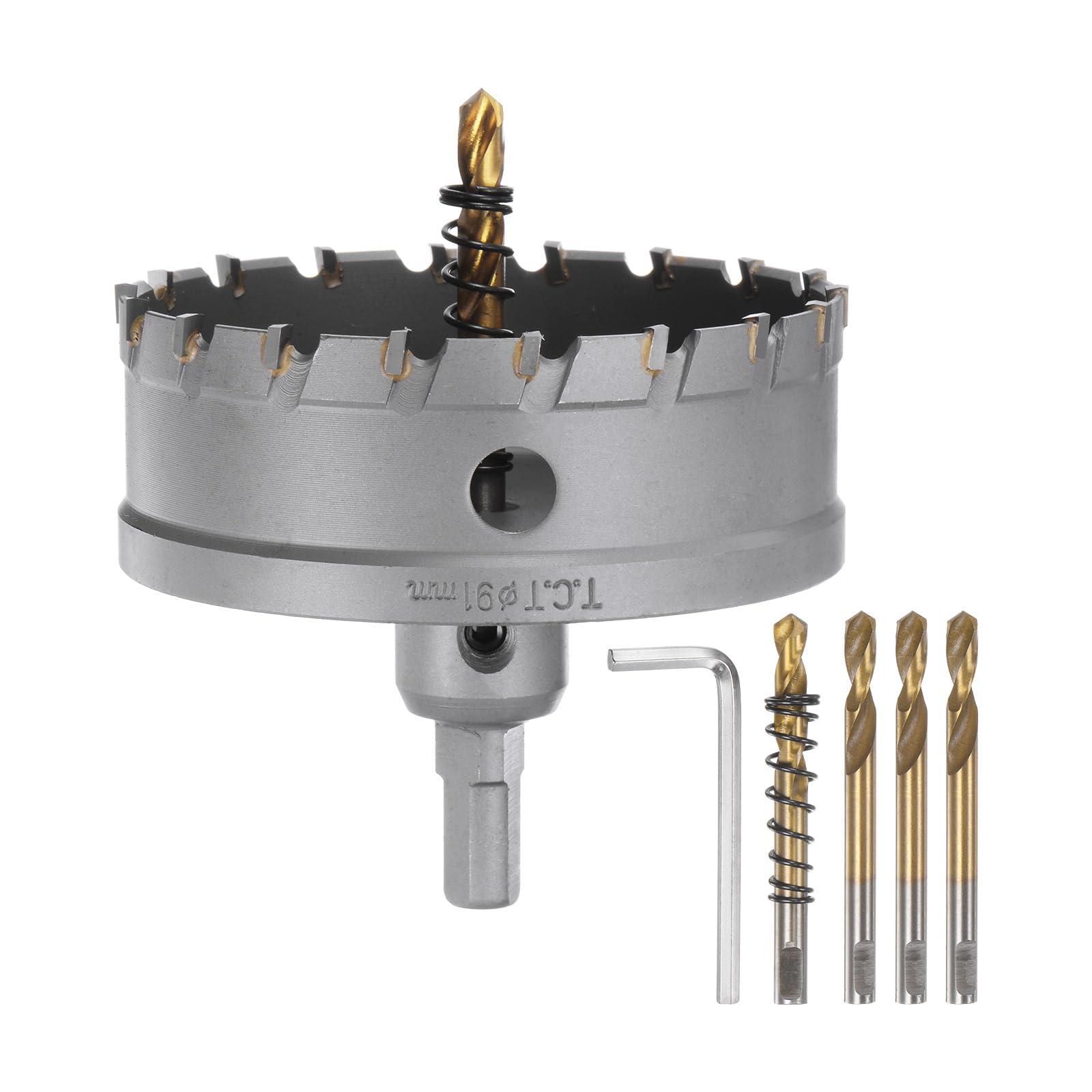 HARFINGTON Carbide Hole Saw Kit 91mm (3-37/64") Metal Hole Cutter Set with 5pcs Center Drill Bits Springs 1pcs Wrench for Stainless Steel Copper Iron