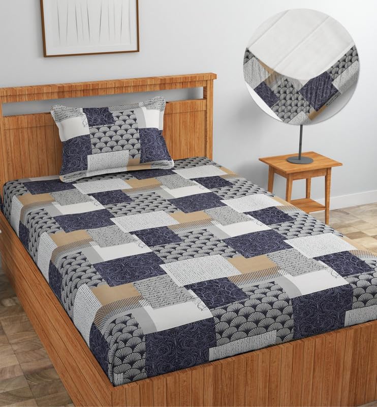 Image of NEW LEAF Premium Cotton Elastic Fitted Bedsheets with 1 Pillow Covers |Printed Single Bed Elastic 220 TC Supersoft Breathable & Wrinklefree | for 72x36+6 Inches, Black Grey