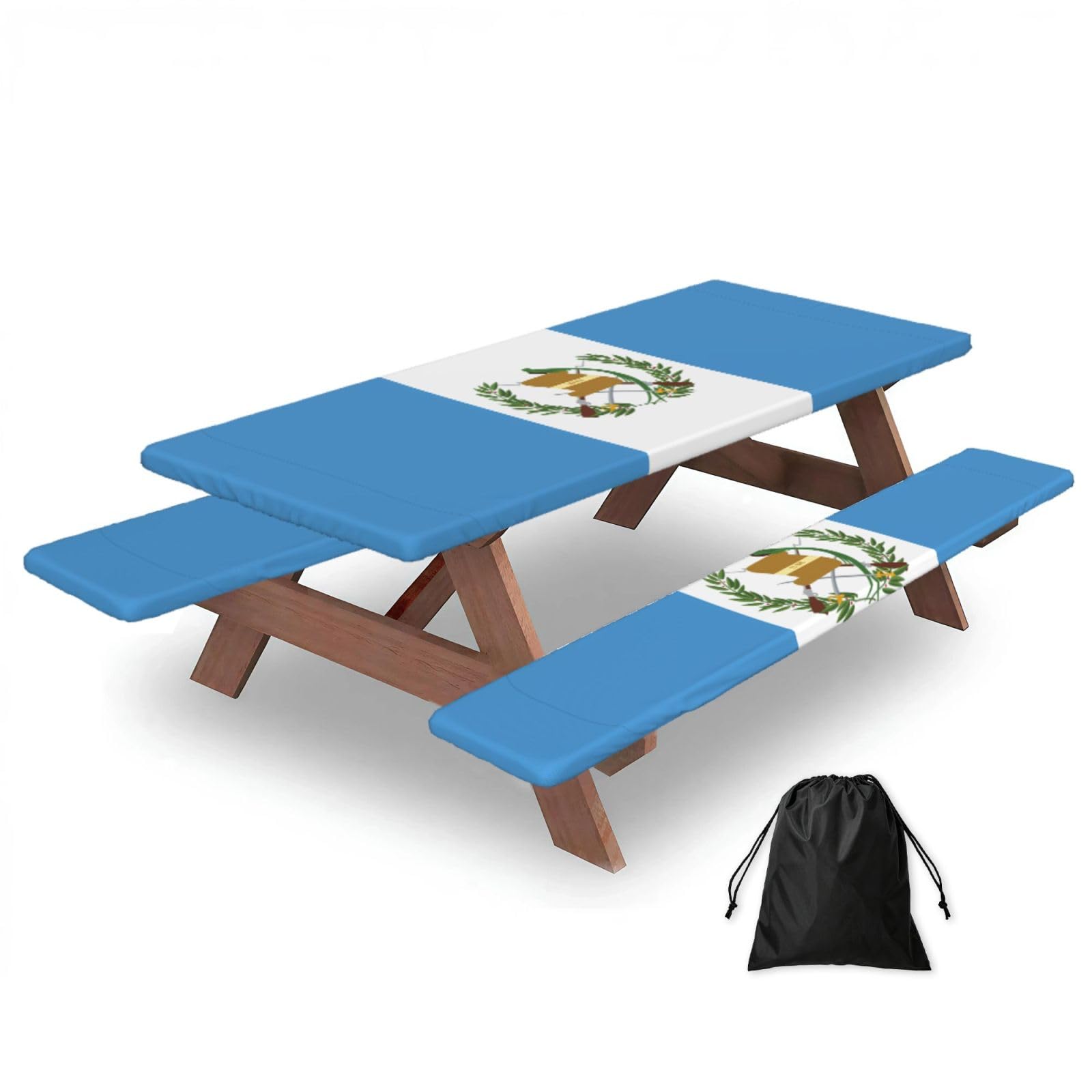 Erwqavc Black Flag Of Guatemala Print Picnic Table Cover & Bench Covers 3-Pack Set, Elastic Tablecloths For 6 Ft Rectangle Tables