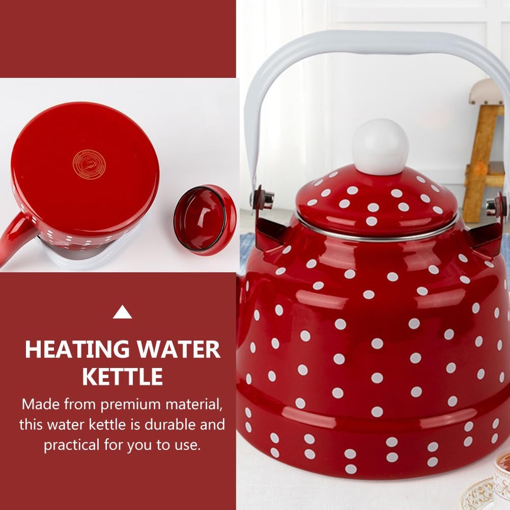 Toyvian Red Enamel Tea Kettle: 1. 1 Quart Heating Hot Water Kettle, Kitchen Stovetop Polka Dot Enamel Teapot with Handle for Gas, Electric And Induction