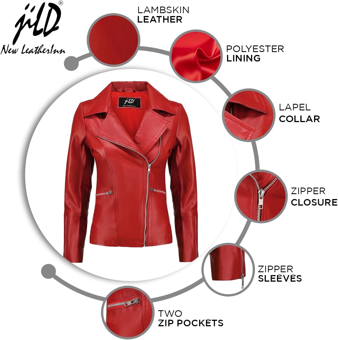 Jild Women's Asymmetrical Zip-Up Real Lambskin Leather Motorcycle Jacket - Casual Fashion Moto Biker Leather Jacket Women - Image 3