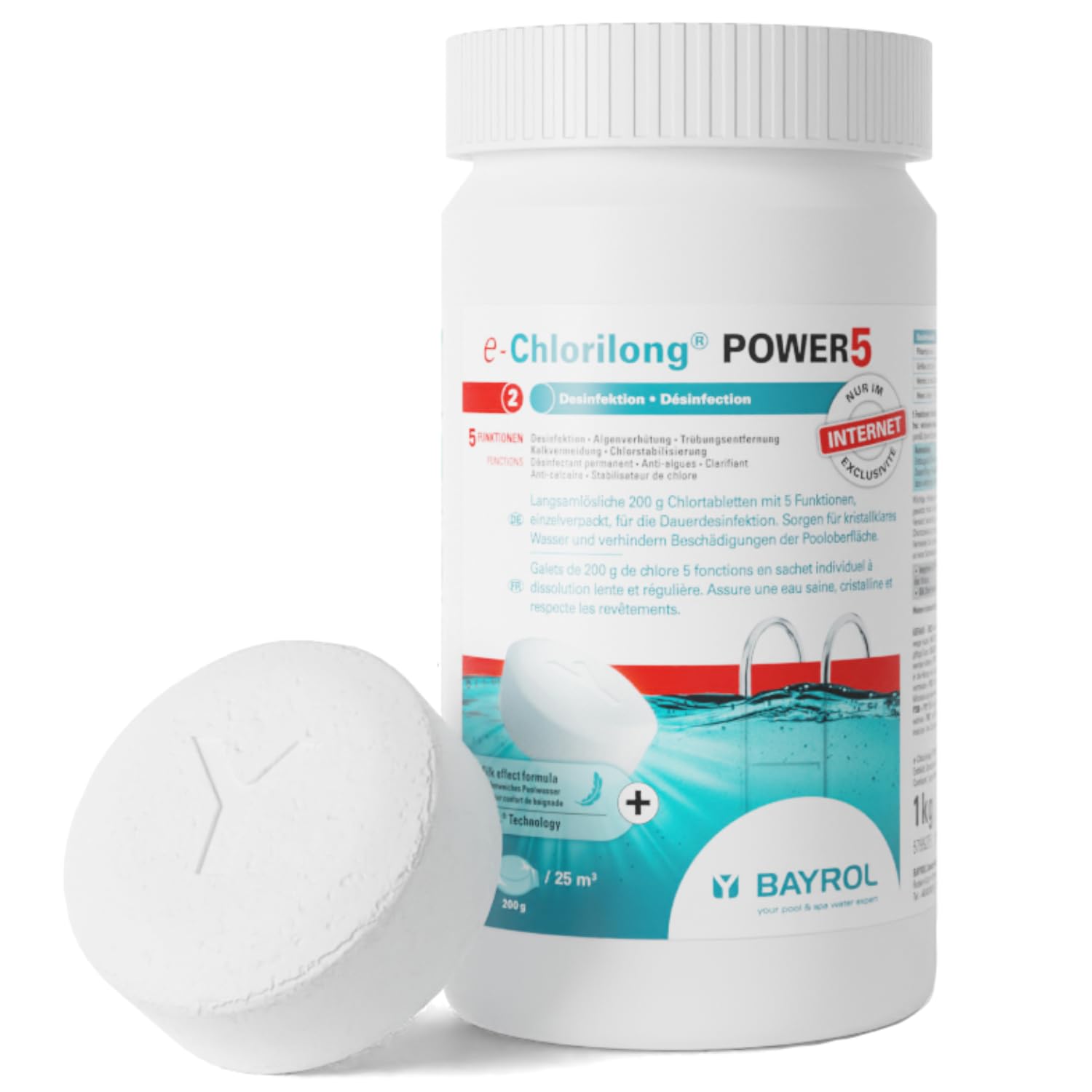 BAYROL e-Chlorilong® POWER 5 - 1kg - Chlortabletten für Pool - Multitabs 200g mit 5 Funktionen für Desinfektion Algenverhütung Flockung Kalkvermeidung & Chlorstabilisierung - Chlor Pool