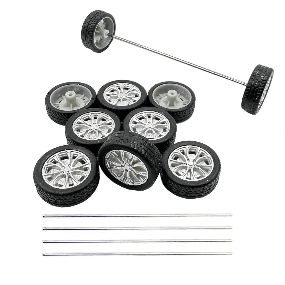 10PCS Small Toy Car Wheels Model Car Rubber Tire Wheels with 5PCS Shaft Round Axles for for DIY Model Toy RC Car Truck Robot Wheel Replacement Accessories (2x26mm) — image 1