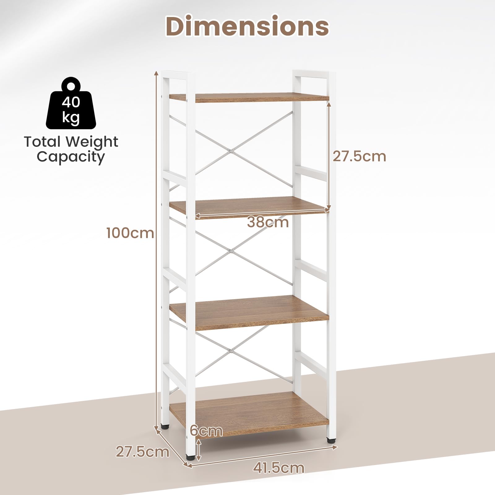 KOMFOTTEU Estantería de 4 Niveles, Librería Vertical con Estantes Abiertos, Mueble Almacenamiento Estrecha con Estructura de Metal y Dispostivos Antivuelco para Salón, 42x28x100cm (Natural y Blanco)