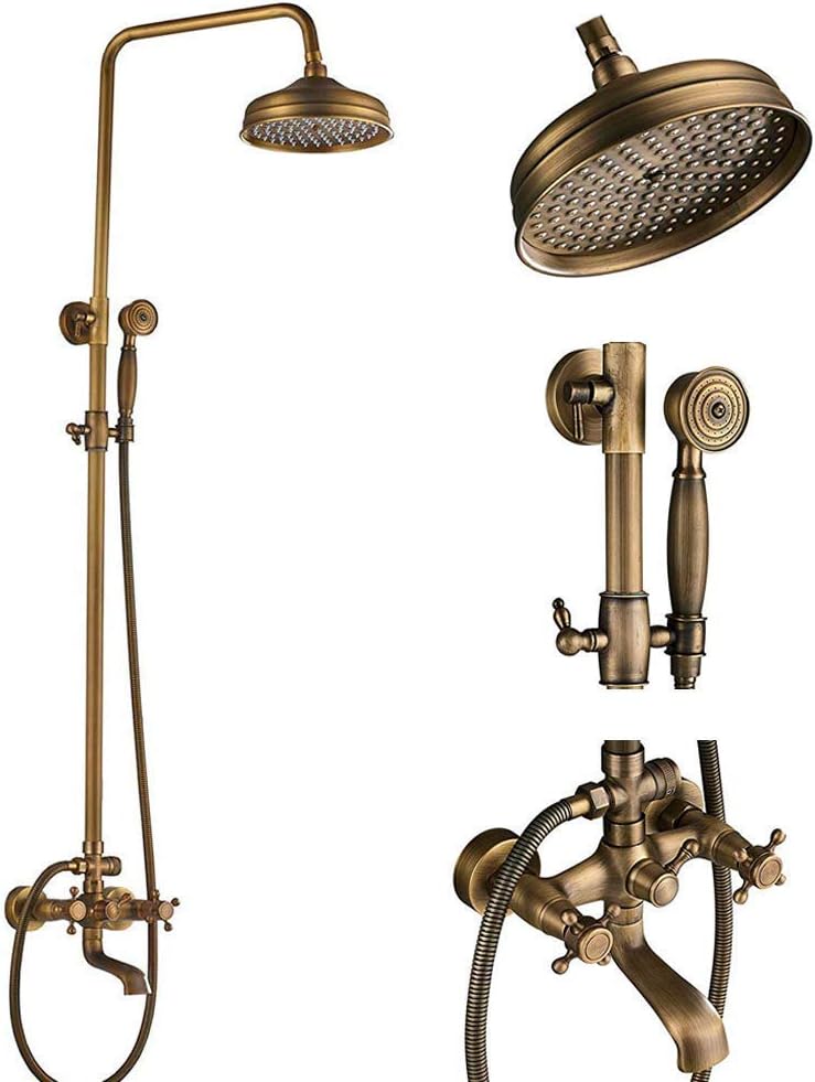 Antique Brass Bathroom 8-Inch Rain Shower Faucet Wall Mount Dual Cross Handle Bathtub Shower Mixer Tap with Hand Sprayer,Luxury Shower Set