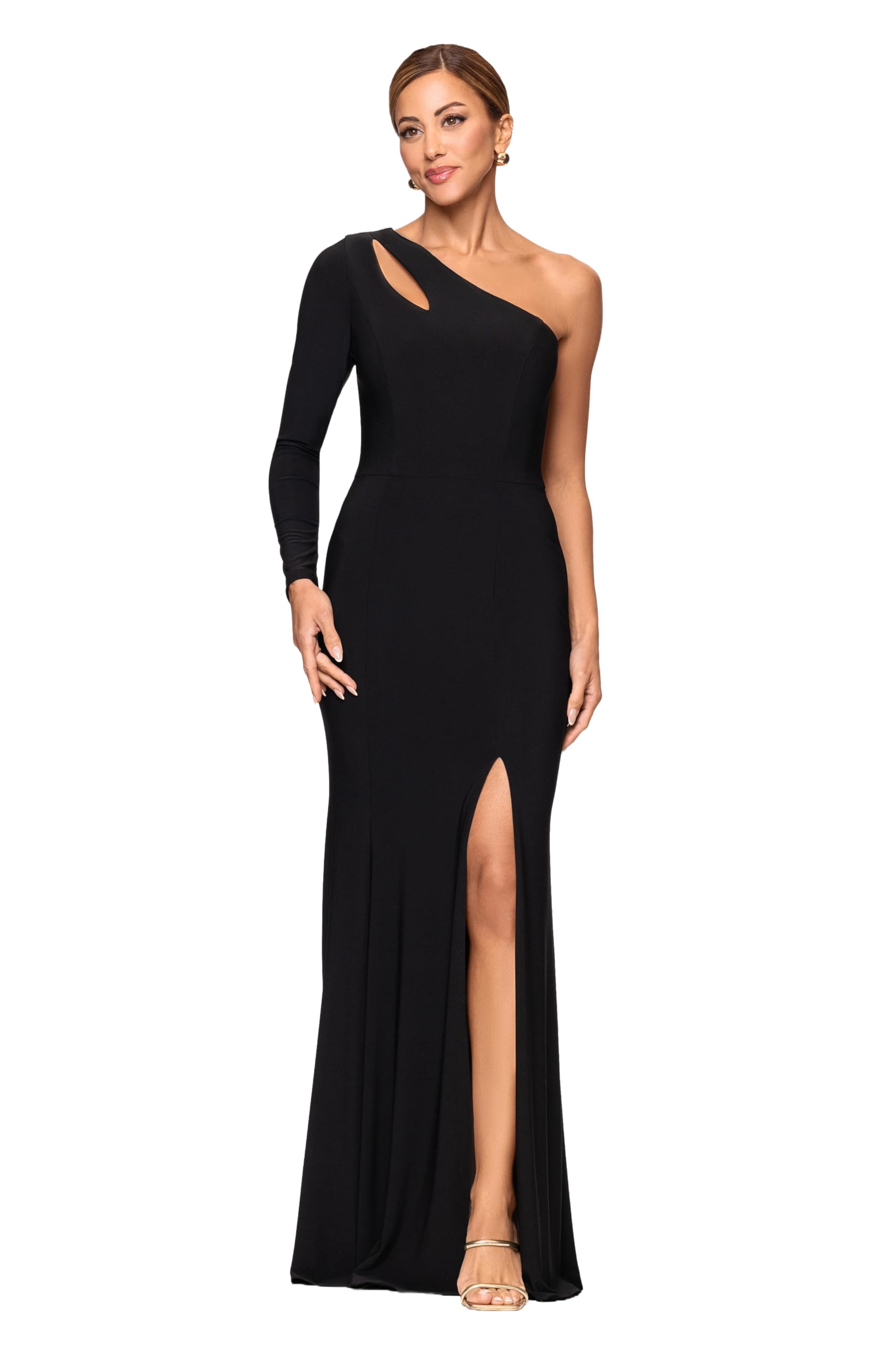 Xscape Women's Jersey Knit One Shoulder Long Sleeve Cutout Slit Floor Length Dress