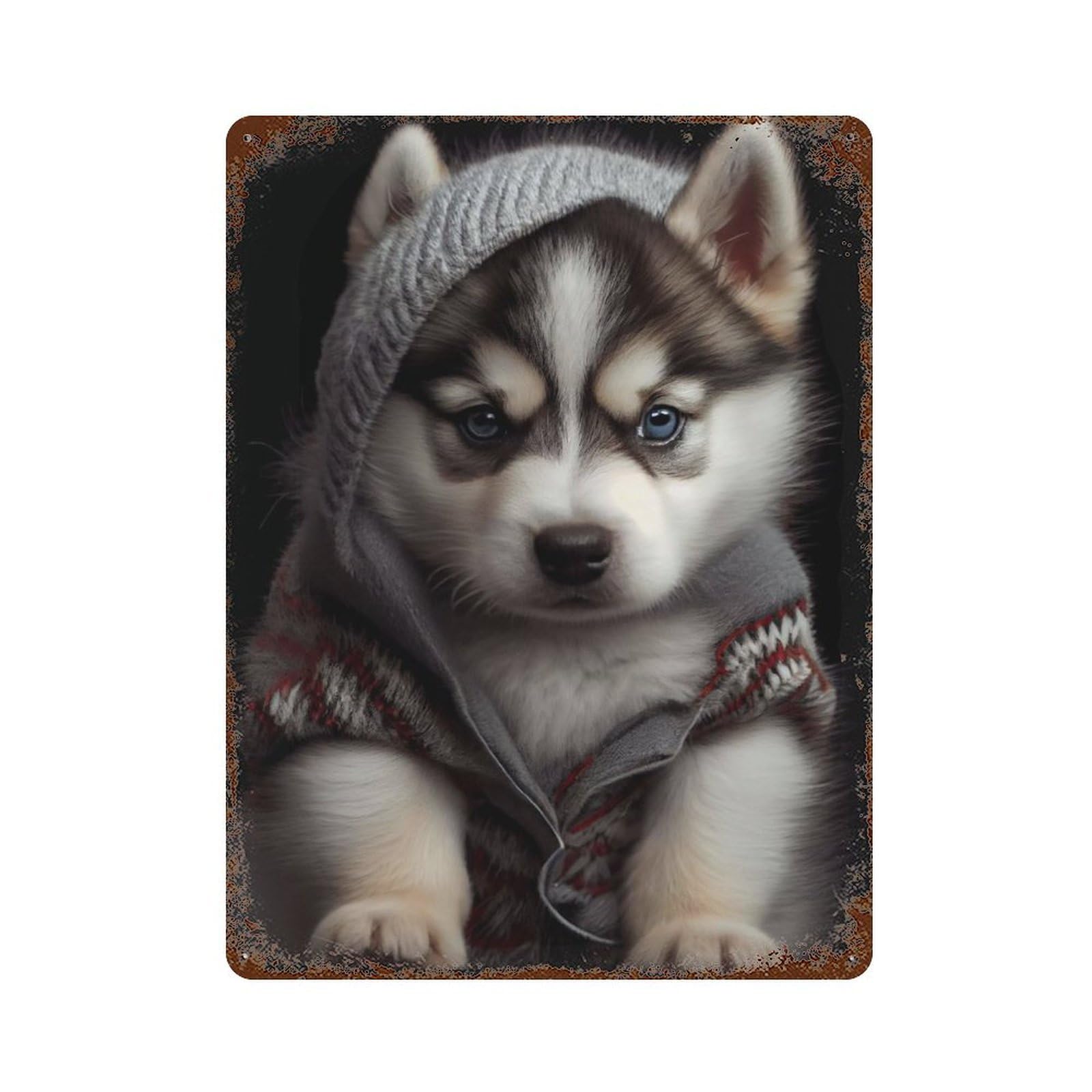 Husky Puppy Vintage Wall Sign 15.7"x11.8", Rust Effect Metal Decor for Living Room, Hallway And Home Decor