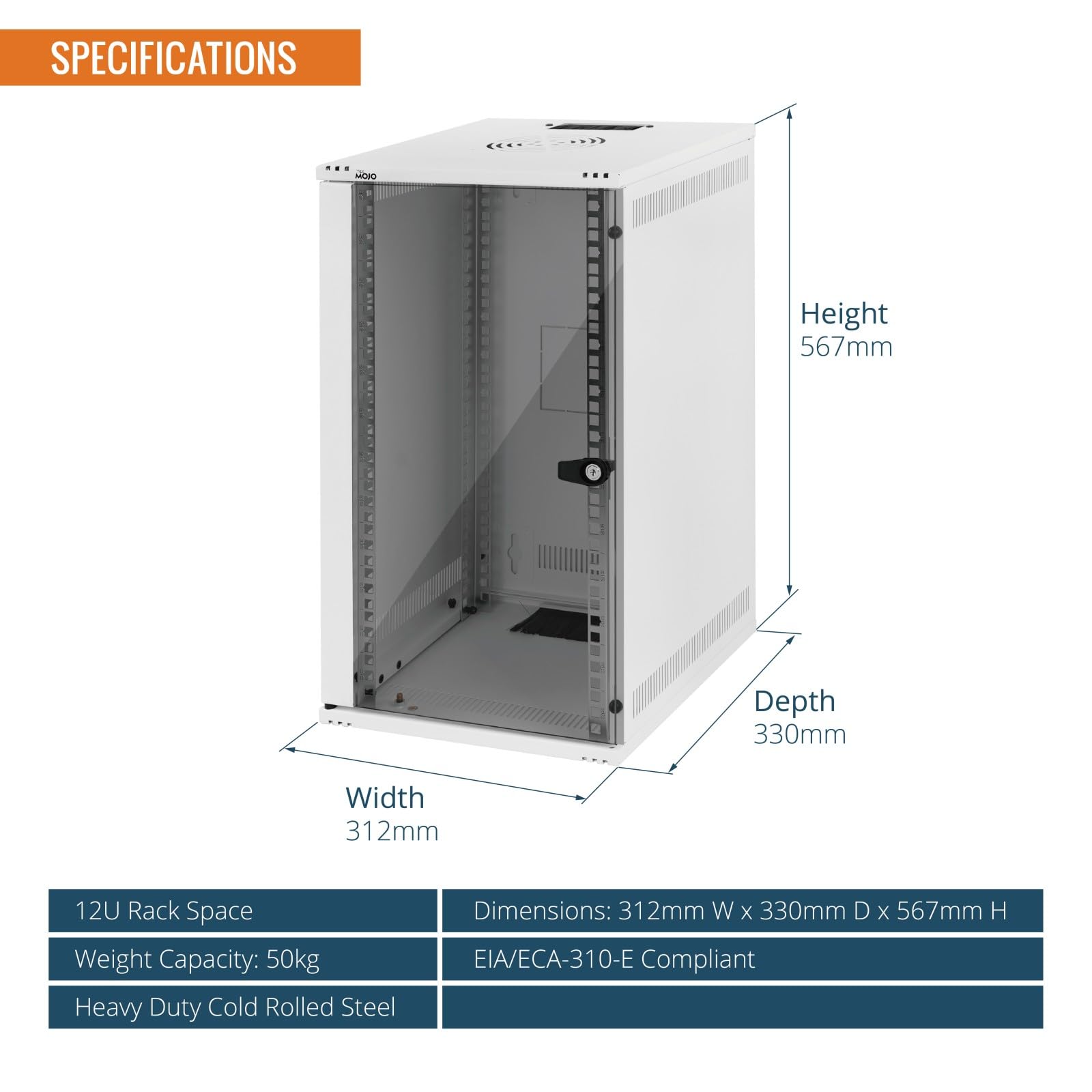Tecmojo Szafka sieciowa do montażu na ścianie, 330 mm, z półką na szczotki, organizer do kabli 10-calowych AV/IT/NAS, nośność 50 kg (biała, 12U biała)