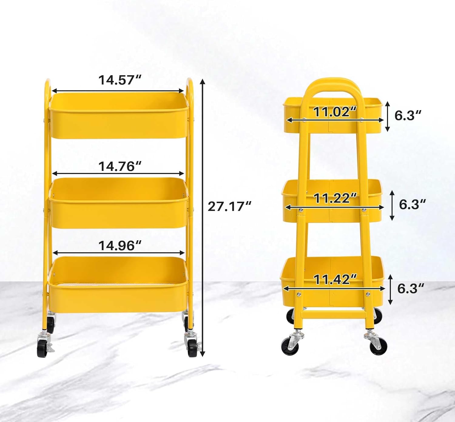 AGTEK Makeup Cart, Movable Rolling Organizer Cart, 3 Tier Metal Utility Cart, Yellow