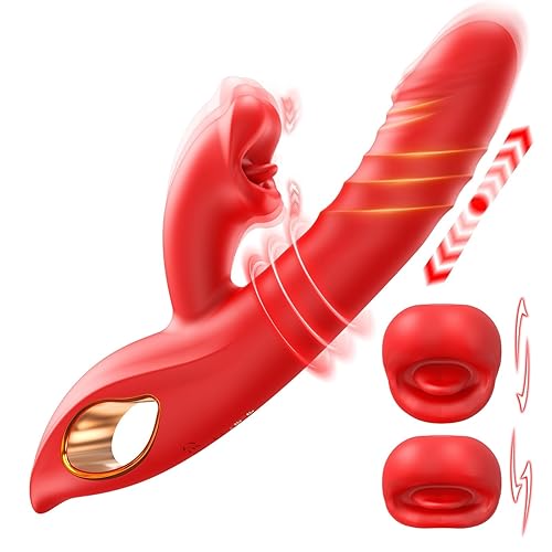 Vibrator Thrusting Dildo Adult Sex Toys, 4IN1 G Spot Vibrators Tongue Clitoral Stimulator Rose Sex Toy Dildos with 10 Vibrating 5 Thrusting & Licking Biting Modes, Nipple Anal Women Couples Sex Toys