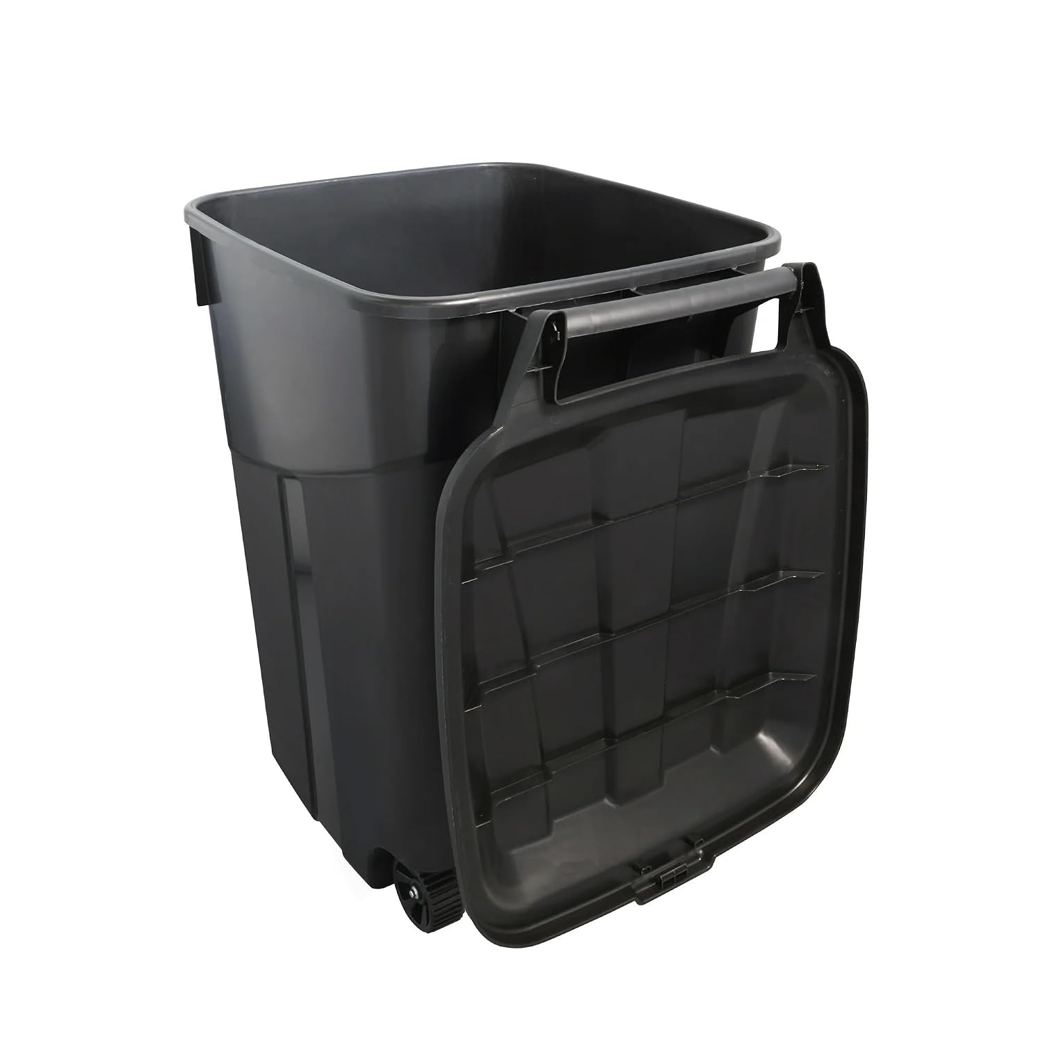 Black 45-Gallon Heavy-Duty Wheeled Trash Can with Attached Lid