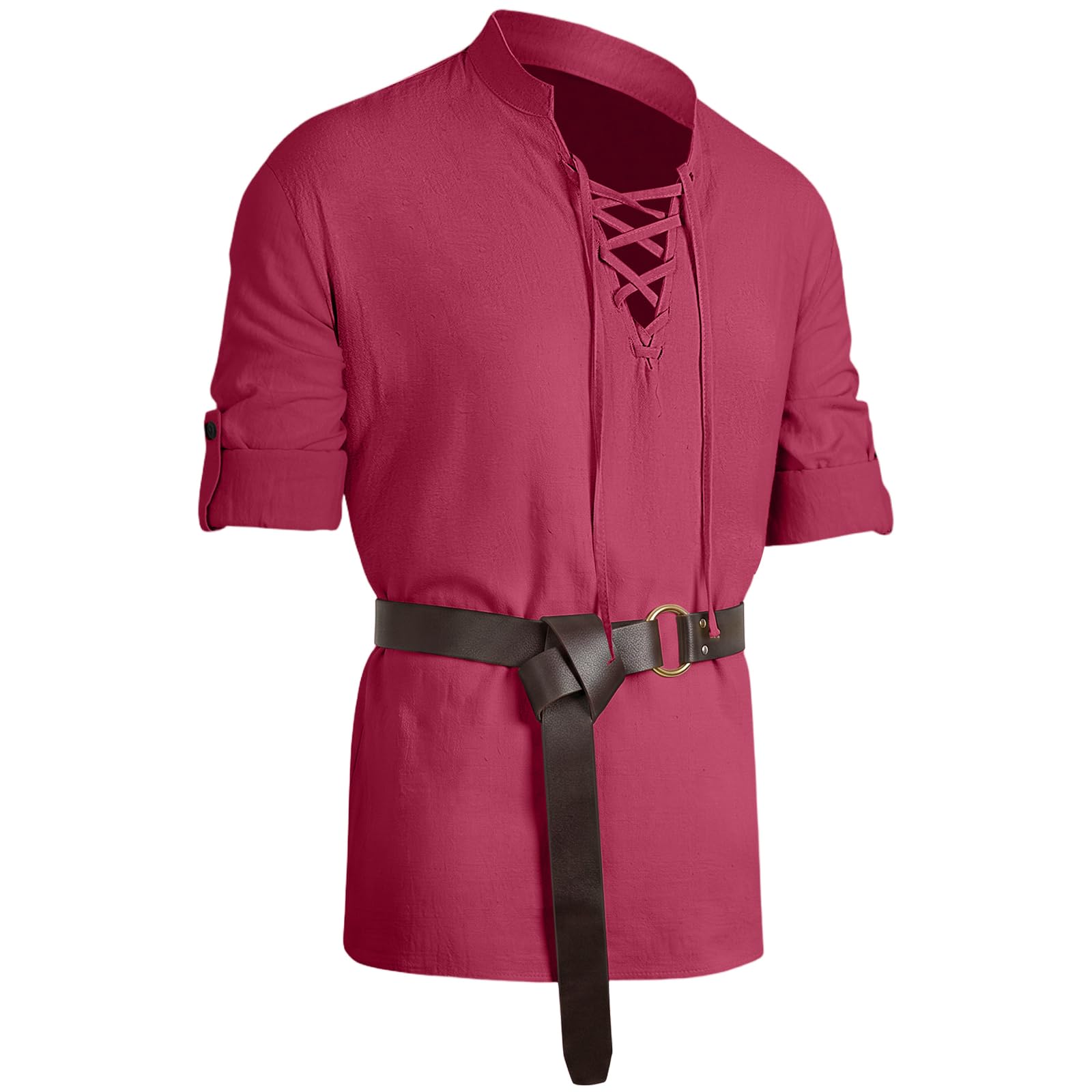 BSBUY Men's Medieval Shirt with Belt Retro Lace-Up Top Medieval Vintage Costume for Renaissance Pirate Viking Medieval(Burgundy-XL)