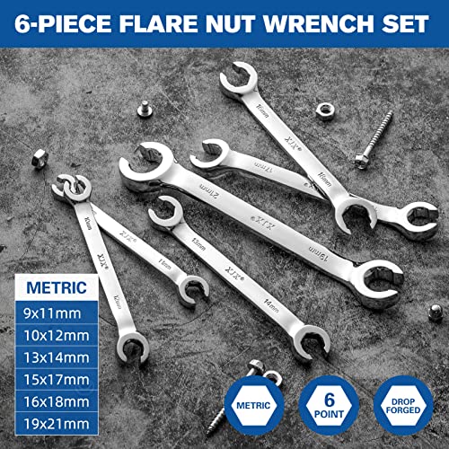Xjx Flare Nut Wrench Set Metric | 6-Piece Brake Line Wrenches Set | 9-21 Mm | Chrome Vanadium Steel | 15° Offset End | Mirror Polish Finish | Line Wrench Set With Rolling Pouch #TOP5