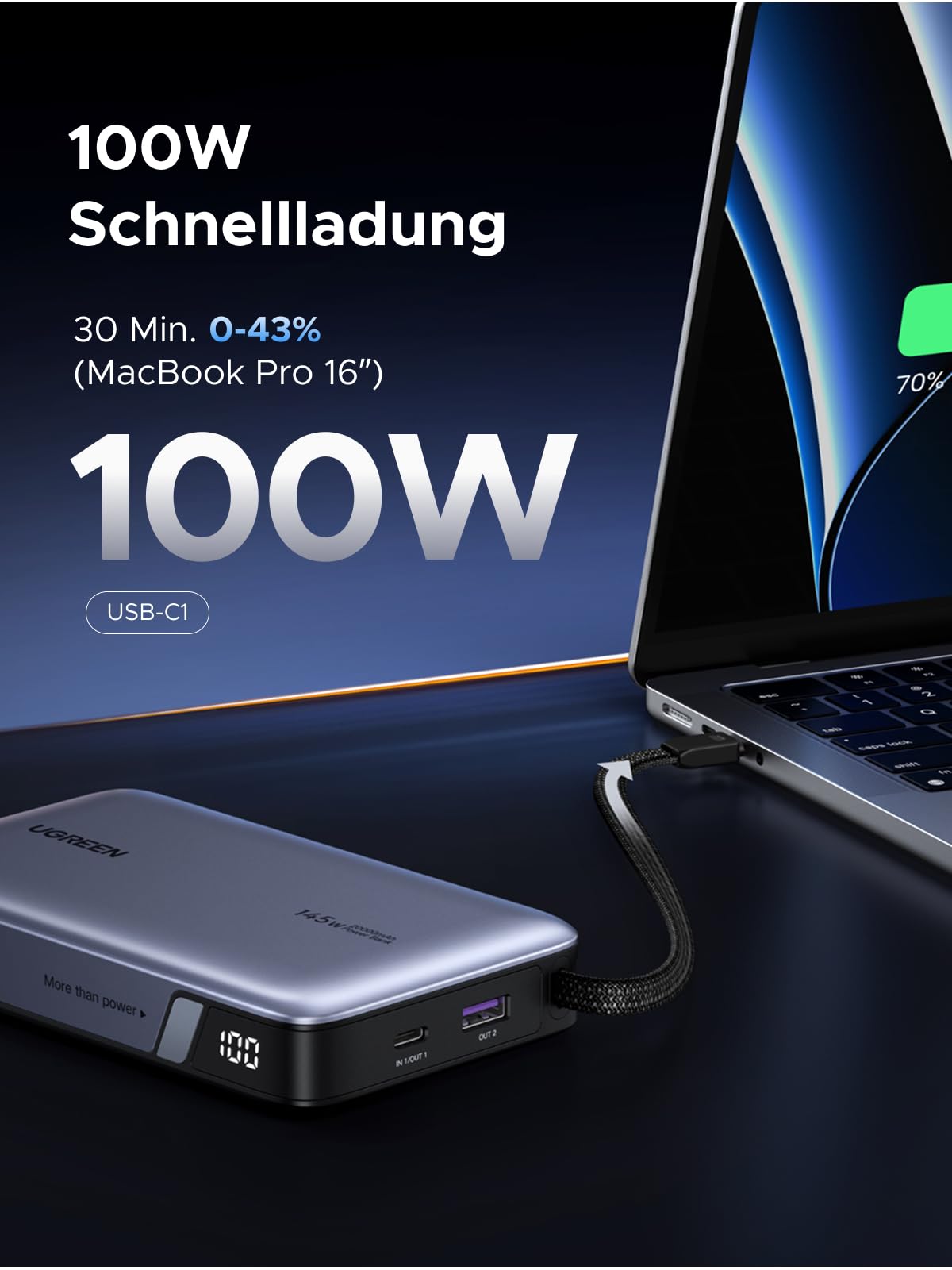 UGREEN Nexode Power Bank 20000mAh 145W mit integriertem USB-C Kabel | 2x USB-C+1x USB-A, Laptop/Handy-Aufladung, Kompatibel mit Macbook, iPad, iPhone, für Reisen/Büro