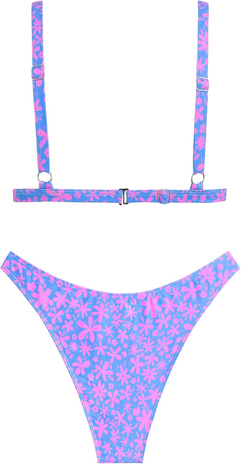 ZAFUL Women's 2 Piece Floral Print Swimsuit Triangle String High Cut Bikini Sets Bathing Suit