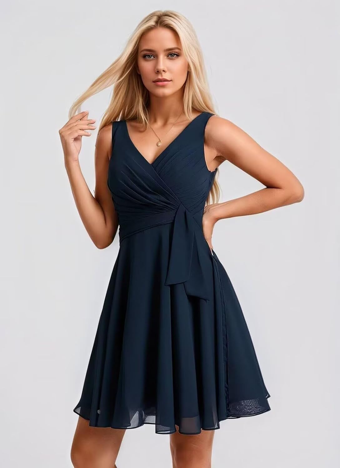 Fashionbride Short Chiffon Bridesmaid Dresses for Women V Neck Formal Dress A Line Pleated Cocktail Praty Dress AP45