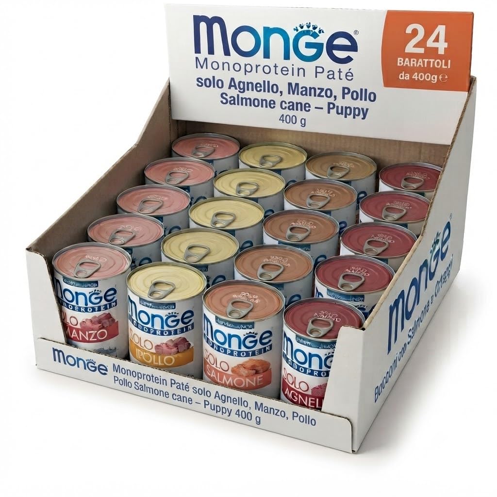 Monge Monoprotein Paté solo Salmone,Manzo,Pollo,Agnello – Puppy and Junior 400 g - 24 pezzi in base alla disponibilità