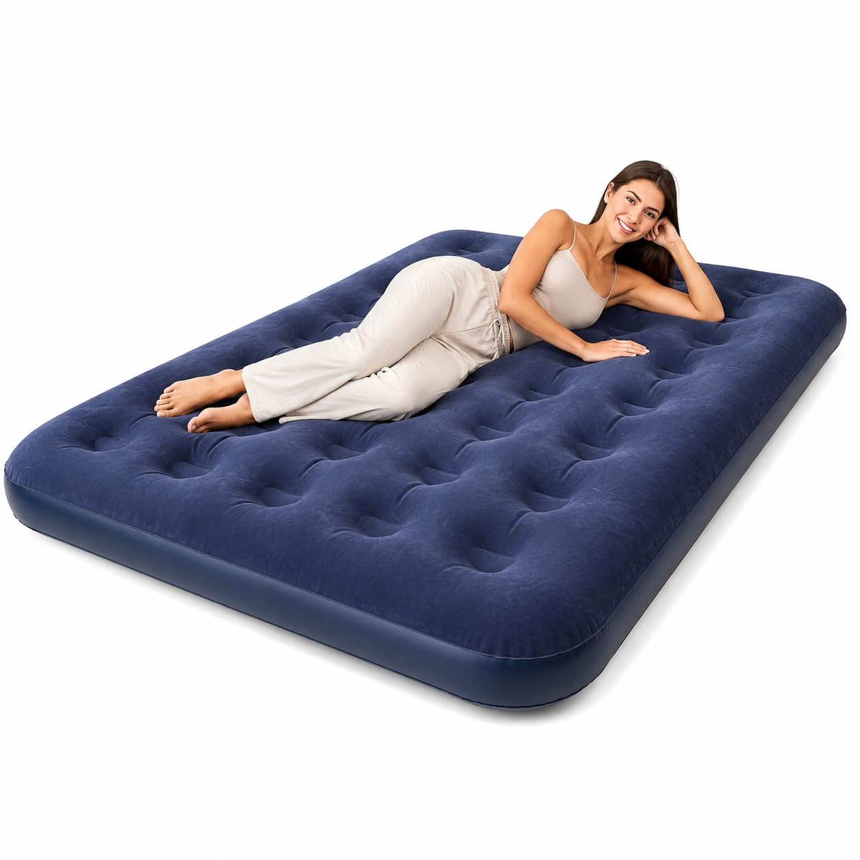 DIVCHI Double Air Bed | Inflatable Outdoor, Indoor Airbed, Quick Inflation, Flocked Double Size Air Mattress, Blue