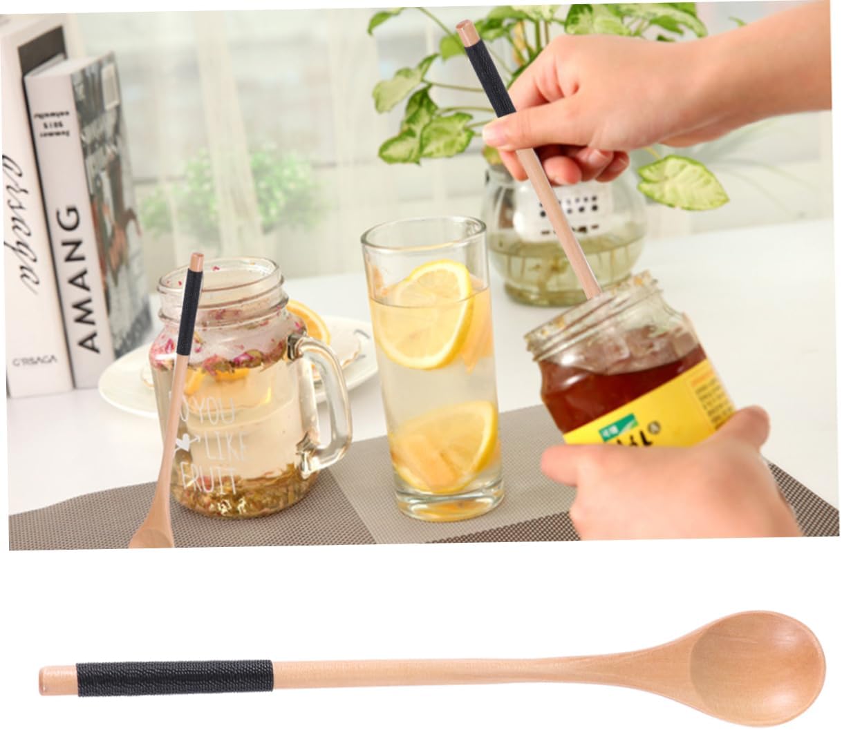 5pcs Wooden Honey Stirring Spoons with Long Handles Natural Color Black Thread Safe for Dessert Salad Rice and Soups