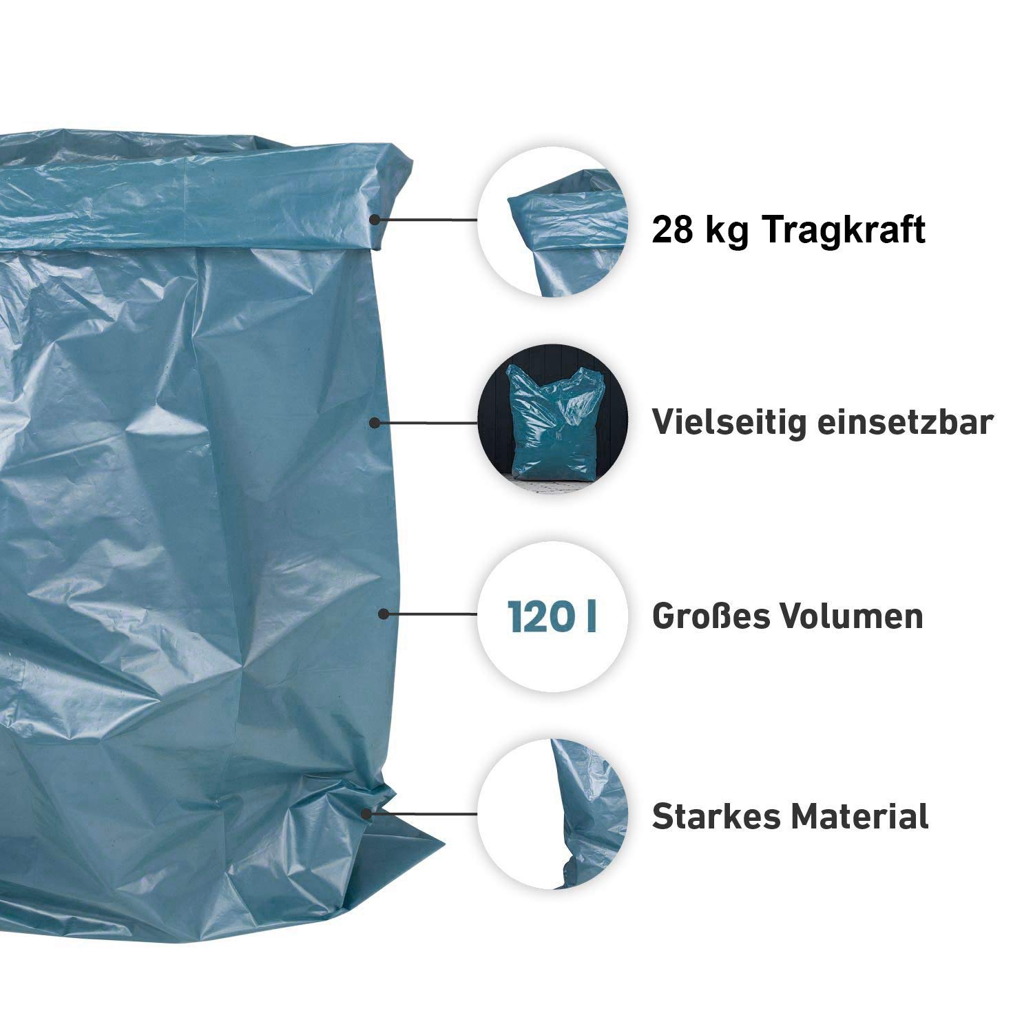 Hypafol Müllsäcke, 250 St. extra starke blaue Müllbeutel | 120 l Fassungsvermögen, 700 x 1.100 mm, gerollt | Typ 80 - besonders reißfest, 64 my | ideal für Garten, Haushalt, Büros & Umzüge | 10 Rollen