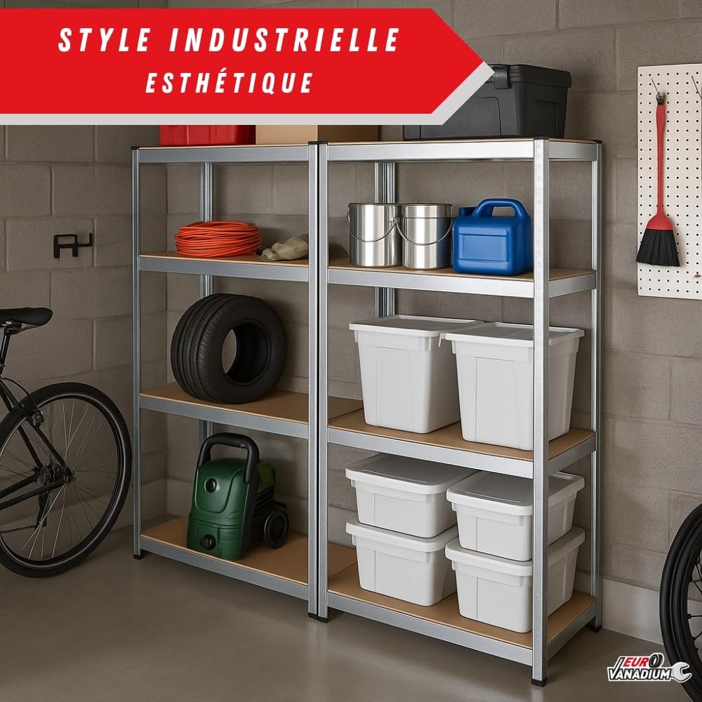 Double Étagères de Rangement Charges Lourdes - 160 x 160 cm - 640 kg - Étagères de Garage modulables, 4 Niveaux, 8 Plateaux - 40 cm - Gris