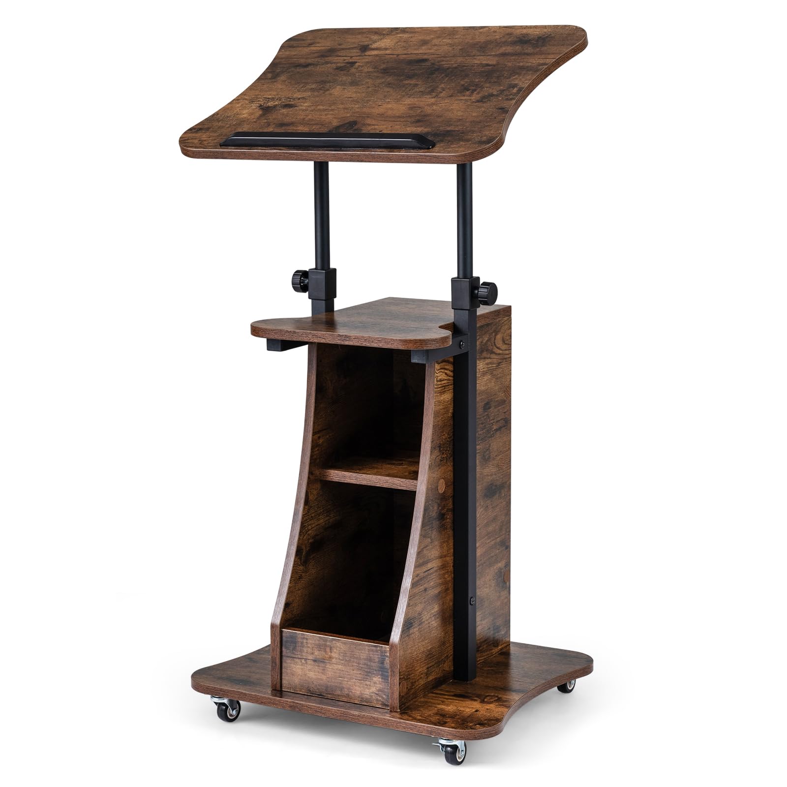 FANTASK Stehpult höhenverstellbar, 50 x 40 x 72–112 cm, mobiler Rednerpult mit neigbarer Tischplatte & offenen Fächern, Rednerpultständer zum Stehen & Sitzen, Stehtisch auf Rollen für Büro (Braun)