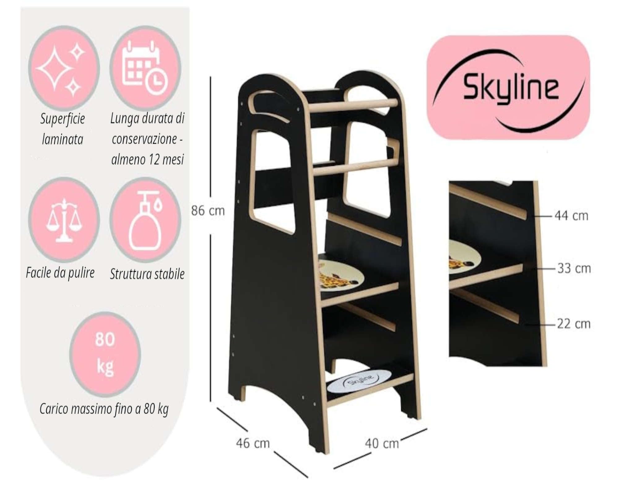 Skyline Torre di Apprendimento Libreria Montessoriana per Bambini Scaletta Pieghevole Tavolino Sedia Torretta Pieghevoli Scrivania Sgabello Tavolo Kitchen Helper Learning Tower nero/orsacchiotto