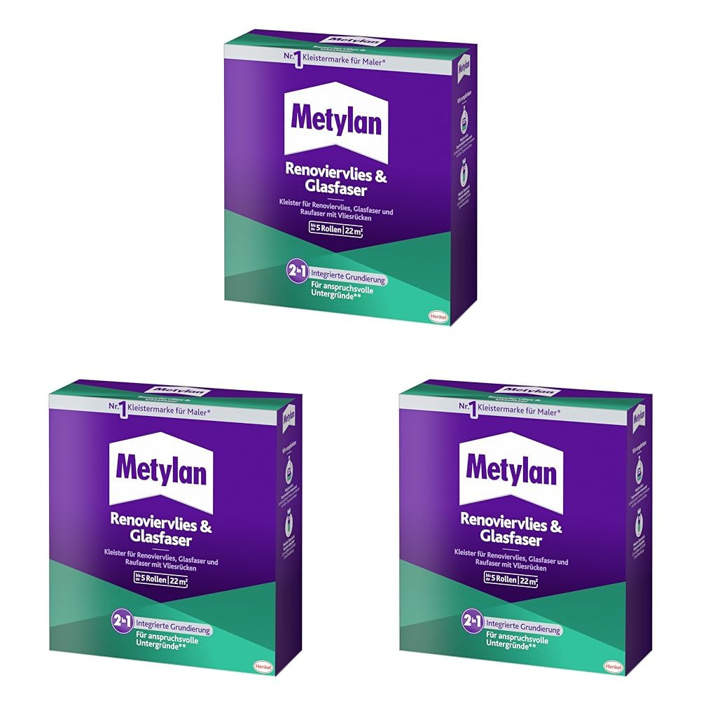 Metylan Renoviervlies & Glasfaser, Tapetenkleister & Grundierung für Renoviervlies, Glasfaser- & Raufasertapete mit Vliesrücken, Kleister für Feuchträume, 1x500g (Packung mit 3)