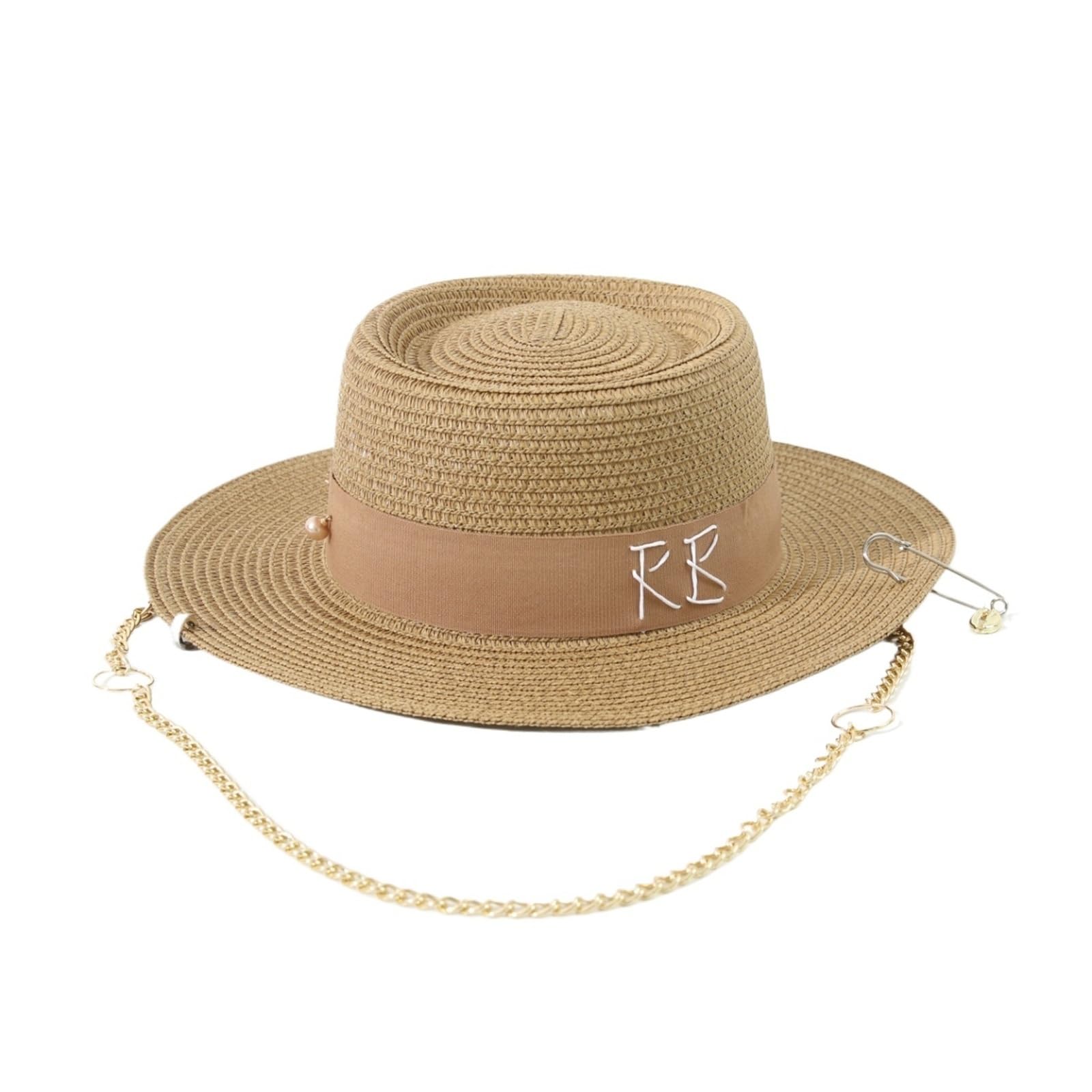 Generico Cappello di Paglia con monogramma RB, Parte Superiore concava e Spilla a Catena, Cappello da Sole Estivo per Spiaggia e Ombra all'aperto