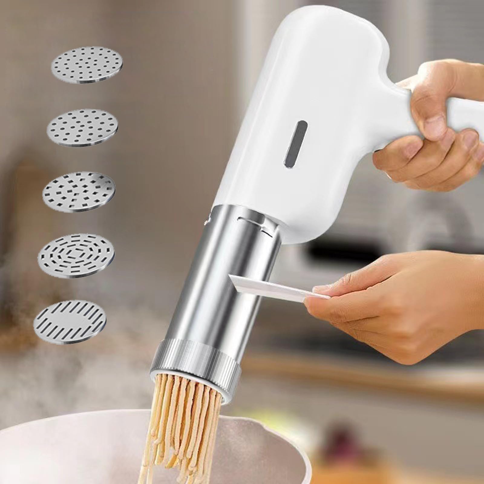 Elektrische Nudelmaschine 80W Kabellos mit 2000mAh Akku 5-in-1 Aufsätzen Wurstfüller für Frische Pasta
