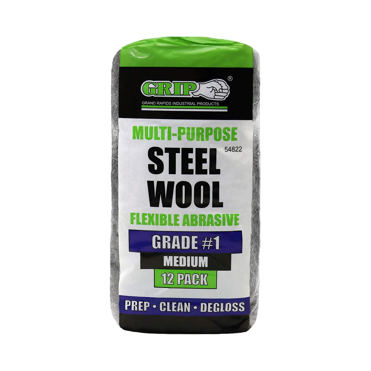 Grip Multi-Purpose Steel Wool Flexible Abrasive 12 Pack (Medium #1) - Clean Copper Pipes/Fittings & Linoleum Floors - Degloss Painted Surfaces and