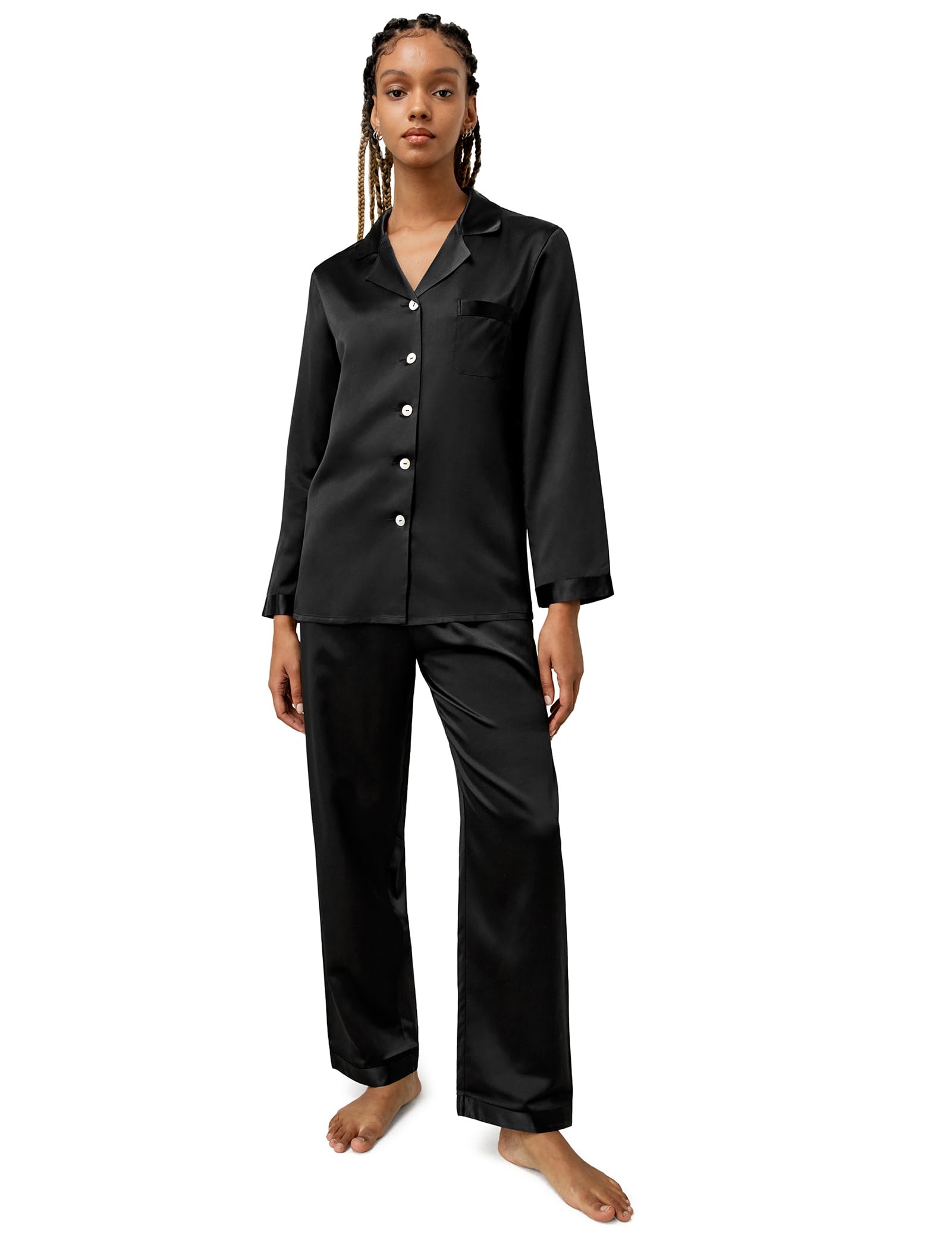 LilySilk Silk Pajamas for Women Pure Full Length Long 22 Momme 100% Mulberry Silk Luxury Medium Black