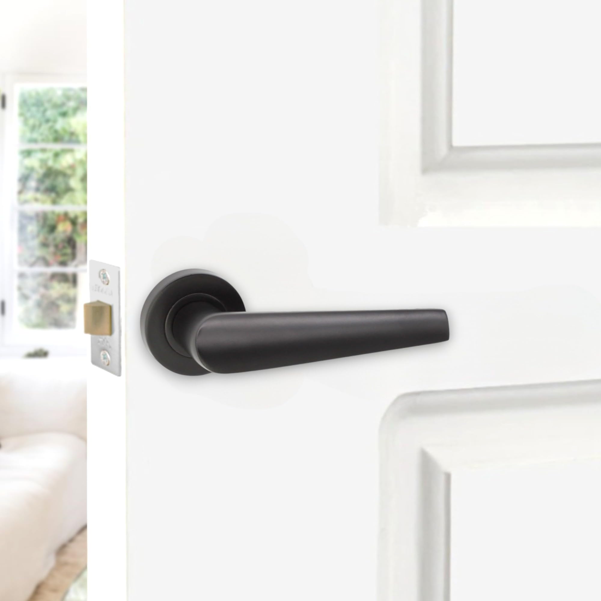 Infinity Decor Matt Black Sprung Lever Latch on Round Rose Door Handles Set Passage Pull Handles - for Interior & Exterior Use - Image 2