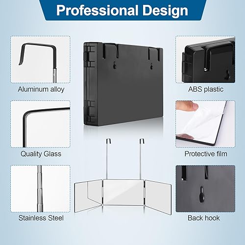 Miniatura 4 de Wentoma Espejo de 3 vías para cortar el cabello, con espejo ajustable 360 y ganchos telescópicos, herramienta profesional de corte de pelo para