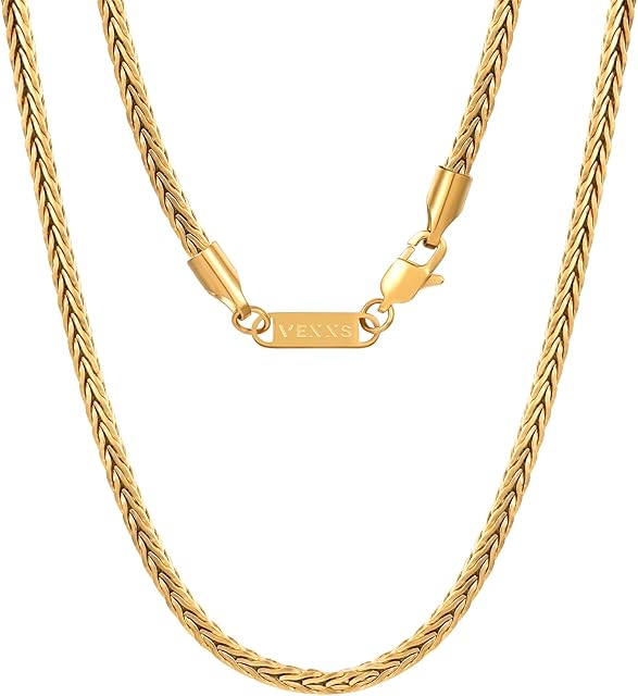 VEXXS Foxtail Chain, 18K Real Gold Plated Gold Chain Mens Curb Chain Necklace, Durable No Color Fading Gold Chain 3mm Mens Necklace Chain Urban Fashion Street Wear